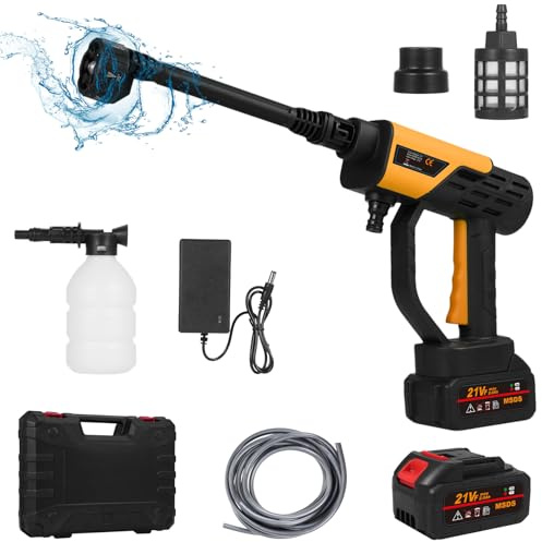 Mulcort 21 V Idropulitrice a Batteria, 30 Bar/435 PSI Idropulitrice Portatile con 2 Batterie, Ugello 6-in-1, Pistola a Schiuma, Tubo da 4,88 Metri per Irrigazione, Pulizia, Lavaggio Auto, Lavaggio