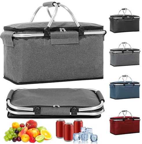 Hengrongshen 18 l shoppingkorg vikbar, inköpskorg med kylfunktion, med lock, korg shopping, kylkorg vikbar, kylbox bärbar, bärkorg, isolerad grå för resor, picknick, shopping