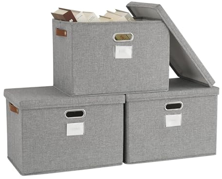 Bagnizer Storage Boxes with Lids 3PCS Foldable Fabric Storage Boxes Large Stackable Storage Baskets for Shelves Storage Box for Clothes Wardrobe Grey Collapsible Decorative Storage Bins 43x30x30cm