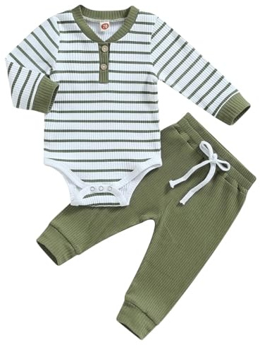 LUVCES Ensemble Vêtements pour Nouveau-né Garçon Manches Longues Rayés Côtelés Barboteuse et Pantalon Tenues d'automne et d'hiver Clothing 2Pcs Rayures vertes de l'armée 0-3 Mois