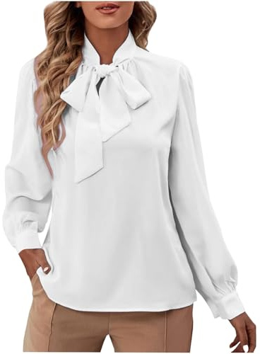 Tops para Mujeres Elegantes de Manga Larga Abullonada con Lazo Frontal y Cuello Alto, Blusas Elegantes, Casual de Negocios, Camisa de Trabajo, blanco, M