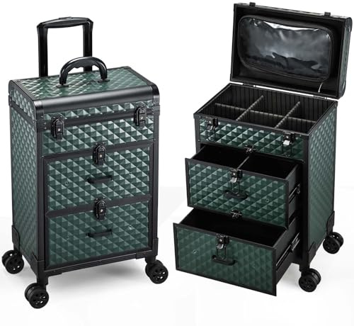 Valise Maquillage Professional Malette Maquillage Malette Onglerie Valise Coiffure de Voyage Trolley Esthetique pour Maquillage/Ongles/Cheveux, Vert foncé
