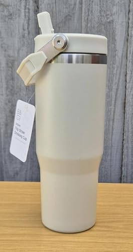 Arkeya Insulated Travel Tumbler with Flip Straw, 900ml, Double-Wall Stainless Steel, Handle, Pink, Grey, Beige (Beige)