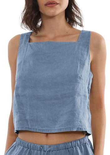 Amazhiyu Women 100% Linen Vest Top, Square Neck Sleeveless Plant-Dyed Blouse