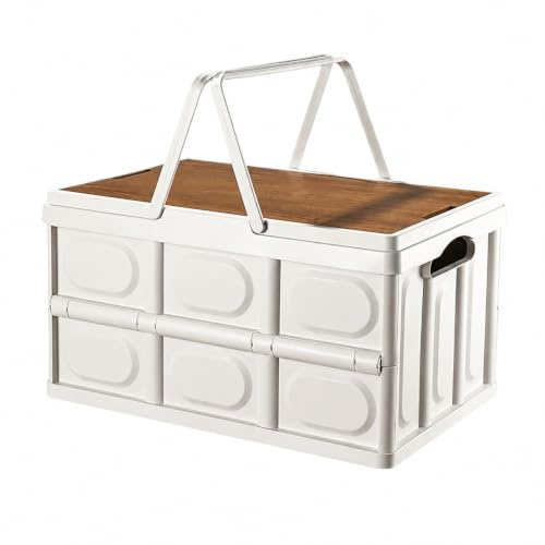 30 l förvaringslåda med lock vikbar – hopfällbar låda stabil med trälock, campinglåda och bagageförvaring, plastförvaringslåda för bil, hushåll, picknick och camping, 43 x 30 x 24 cm (vit)