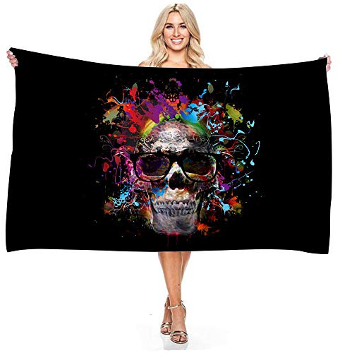Treer Microfiber Beach Towel Large Oversized, Colorful Skull 3D Printing Lightweight Soft Absorbable Travel Towels Sports Bath Washcloth for Bedroom Swim Pool Yoga Travelling (150x180CM,D)