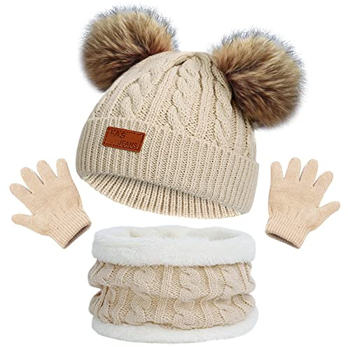 beifon Cappello a Maglia Bambini Invernale Sciarpa Guanti Berretto in Maglia con PomPom Ragazzi Berretto Sciarpa Beanie Cappello Scaldacollo per Ragazzo e Ragazza（3-8 anni） (Cachi)