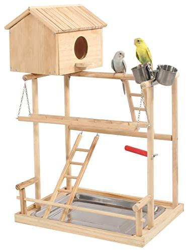 HiCaptain Large Bird Playground, 3 Layers Cockatiel Playground, Pet Parrot Playstand Gym Wooden Playpen Birds Play Stand with Nesting Box, Ladder, Feeder Cups