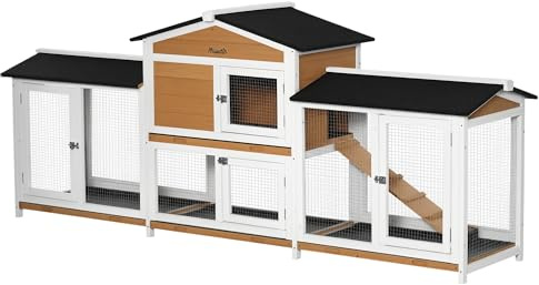 PawHut 90.5 Wooden Rabbit Hutch Bunny Cage Pet Playpen House Enclosure with Double Side Run Boxes, No Leak Tray, Ramp, for Rabbits, Chickens, Ducks, Guinea Pig and Small Animals, White