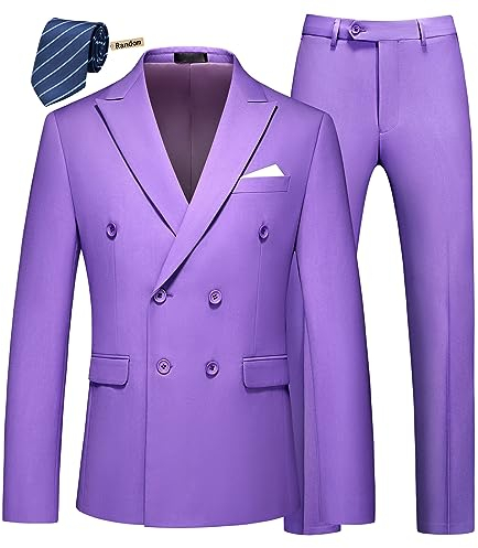 MOGU Zweireihiger Herrenanzug, schmale Passform, Smoking, Blazer und Hose, für Hochzeit, Abschlussball, Heimkehr, 2-teilig, Flieder, 44