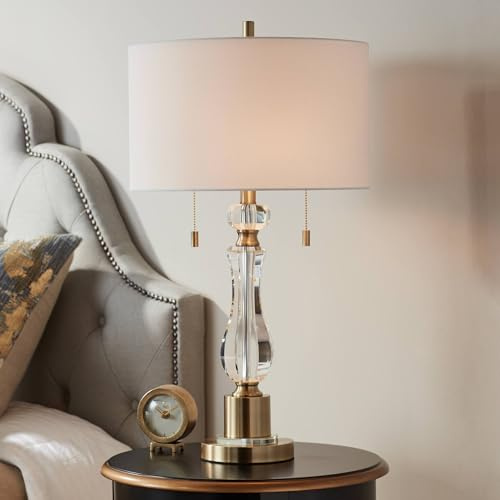 Vienna Full Spectrum Jordan 27 1/2 Tall Traditional Table Lamp Pull Chain Brass Finish Metal Crystal Single Fabric Off-White Shade Living Room Bedroom Bedside Nightstand House Office Home Reading