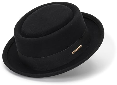 KorhLeoh Pork Pie Hut für Herren - Schwarze Wolle, Flache Oberseite, Fedora & Trilby Hut, Unisex, Porkpie-Hüte (S/M), Schwarz, Kurze Krempe, Stil B, M
