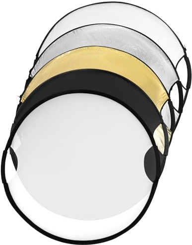 QWORK® Set de fotografía Reflector 5 en 1, con Doble asa, 80 cm de diámetro, Plegable, para fotografía de Estudio y Exteriores, translúcido, Plateado, Dorado, Blanco y Negro