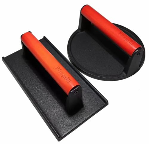 Firsgrill Burger Press 6.6 Round Heavy-Duty Cast Iron Smash Meat Steak with Wood Handle for Blackstone Weber Treager Griddle Grills (YPX) (Flate 6.5 Round & 4.3X8.3 Rectangle)