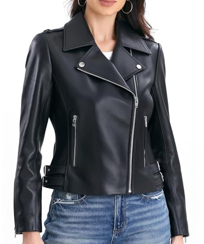 SILVER FASHIONS Lambskin Leather Jacket Women,Motorcycle Jacket,Asymmetrical Zip Style,Buckle Belts,Quilted Details(Large,Black)