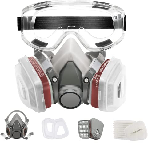 ASNABYYA Atemschutzmaske mit Brille Ersatzfilter,Universal Gesichtsabdeckung Halb Gesicht Abdeckung Gasmaske Staubfilter und Schutzbrille, Staubmaske für Lackieren, Arbeiten, Schleifen, Feinstaub