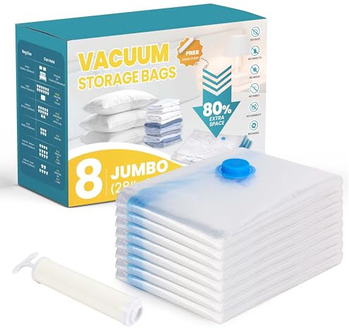 XL Vacuum Storage Bags 8 Pack (100x70cm/40x28) - Underbed Space Saver Bags with Hand Pump | Heavy-Duty 0.2mm PVC & Airtight Double Seal for Duvets, Seasonal Clothes & Bedding