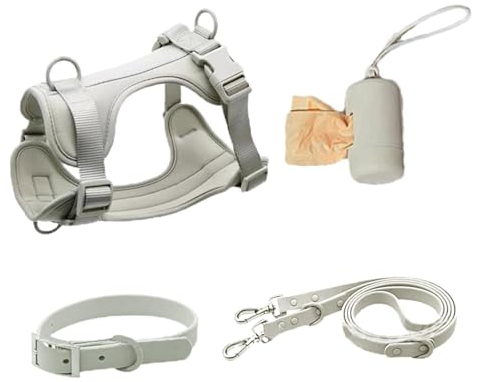 Hundegeschirr Set Kleine Hunde, Haustier Geschirr Halsband und Leine Set, Hund Weste Geschirr mit Leine Sicherheitshalsband Verstellbar mit Kotbeutelhalter