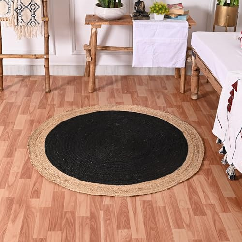 HandloomBazzar Alfombra tejida a mano de fibras naturales de yute trenzada a mano, bohemia, respetuosa con el medio ambiente, para dormitorio, cocina, sala de estar, granja (negro natural, 3 pies,