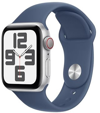Apple Watch SE (2ᵉ gén) 40 mm GPS + Cellular Montre connectée avec Boîtier en Aluminium Argent et Bracelet Sport Denim (M/L). Suivi activité et Sommeil, détection Accidents, Suivi fréquence Cardiaque