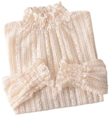 YEKEYI Blusa de encaje para mujer, manga larga, cuello alto falso, transparente, floral, encaje, beige, XXL