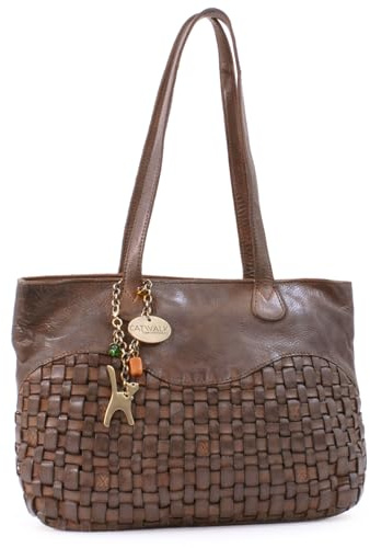 Catwalk Collection Handbags - Bolso de Hombro de Piel Lavada - Tote Bag Mediano de Mujer - Bolso Trenzado Multibolsillos - Matilda - Marrón