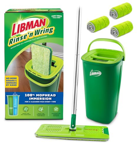 Libman Rinse 'n Wring mopp och hink-system, golvmopp i mikrofiber, rengöring för träparkett, våt och torr-mopp, kammare för rent och smutsigt vatten, kraftblad, 4 mikrofiberdynor