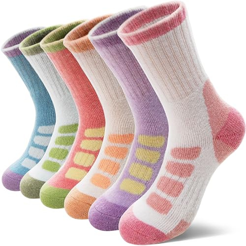 MOSEY KOSY 6 Paires Chaussettes Enfant Laine Mérino pour Marche Garçons Filles Tout-Petits Hiver Thermiques Épaisses Chaudes Rembourrées Chaussettes Crew pour Randonnée(Carreaux légers,29-34)