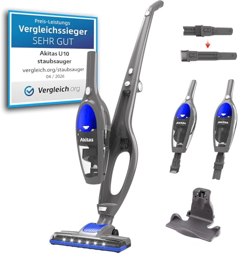 Akitas U10 Cordless Vacuum Cleaner – 2-in-1 Stick & Handheld Design with Auto-Charging Docking station, Lightweight 2.4kg， Fordable Design for Storage, Motorised LED Brush for Carpet & Pet Hair
