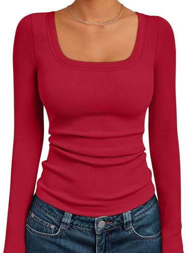 AUTOMET Women‘s Ribbed Square Neck Top, Long Sleeve Slim Fit Basic Shirt for Fall Winter Spring, Casual Crop Tee Red XS