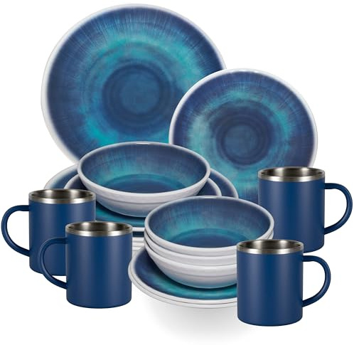Melamin Geschirr Set Jesolo Blau für 4 Personen 16 Teile Edelstahl Thermo