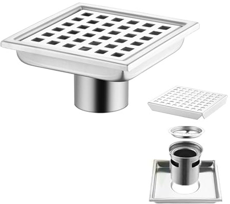 Caniveau de douche carré - 15 x 15 cm - Drain de douche - Siphon 360° avec filtre anti-odeurs et filtre à cheveux - 2 en 1 - Pince en acier inoxydable - Pour salle de bain, cave, intérieur et