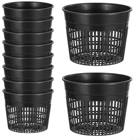 ZWEquipint 10 tazze a rete idroponica con fori di drenaggio per piantare acqua e piante di orchidee, cestini impilabili da giardino scanalati, vasi da fiori in plastica nera (A)