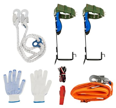 Baumklettern Ausrüstung Set 100kg Tragfähigkeit Höhen Verstellbar Tree Climbing Spike Halteseil Steigeisen Klettergurt Profi Baumkletter mit Sicherheitsgurt + Seil +2 Fußschlaufen +2 Knöchelschlaufen