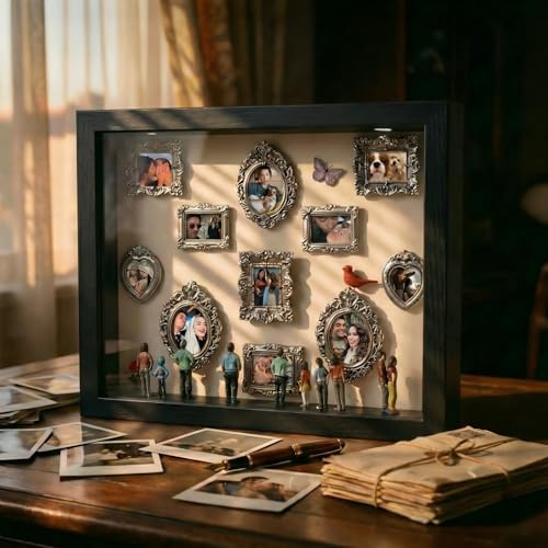 Mini Museo Cornice Foto Personalizzata - Regalo Personalizzati San Valentino per Lei Lui, 3D Cornice Profonda Shadow Box con Mini Cornici Statuine, Idee Regalo Donna Amica Uomo Compleanno Anniversario