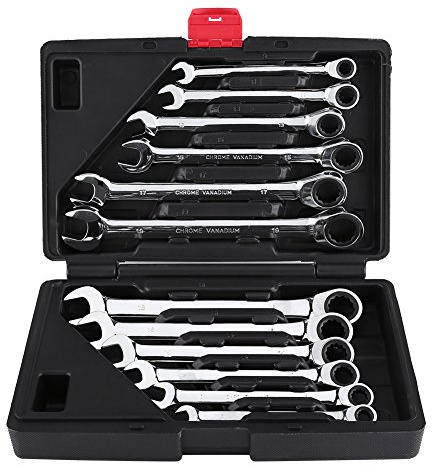 12 Pièces Clés Plates à Cliquet, Cles à Fourches en Acier au Chrome Vanadium 8-19mm, Bricolage Jeu de Clefs Mixtes Outils avec Valise de Rangement pour Réparation de Garage Automobile