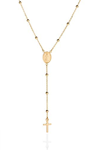 QUADRI - Elegante Rosenkranz Kette Silber 925, 18 Karat Vergoldet 1 Mikron - Kreuz Kette Mit Medaille der Jungfrau Maria - Rosenkranz Silber 925 Länge 48 Mit 7.50 cm Anhänger