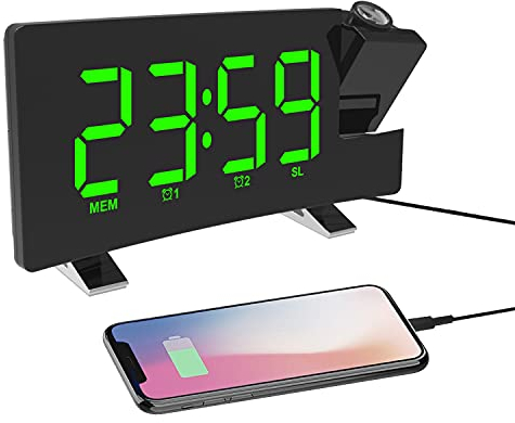 ThreeH Proyección Despertador Pantalla LED 4 Brillo Ajustable Radio Reloj Digital con Cargador de Teléfono USB Reloj Despertador con 2 Alarmas Función de Repetición Verde