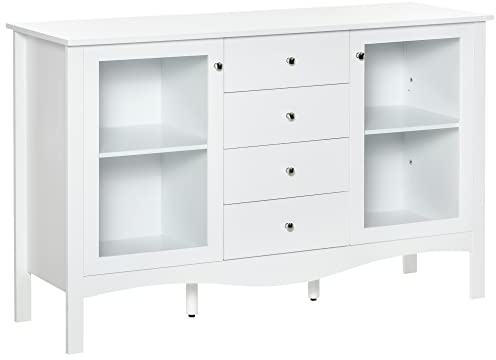 HOMCOM Aparador de Cocina Armario Buffet con 2 Puertas de Vidrio Estante Ajustable Interior y 4 Cajones Mueble Auxiliar para Comedor Salón 136x45x85 cm Blanco