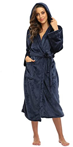 Super Shopping-zone Women's Plush Hooded Bathrobe Winter Warm Robes Soft Fleece Long Robe Luxury Dressing Gown Navy Small-Medium