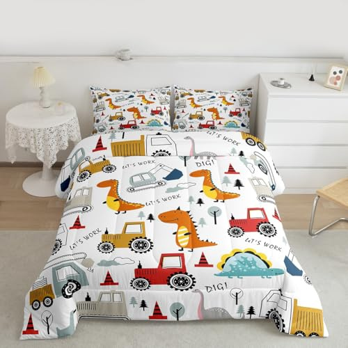 Feelyou Construction Comforter Set Kids Cartoon Dinosaur Comforter Cover Set for Boys Equipment Trucks Bedding Set Construction Vehicles Kawaii Jungle Dino Duvet Set Room Decor Quilt Set Queen Size