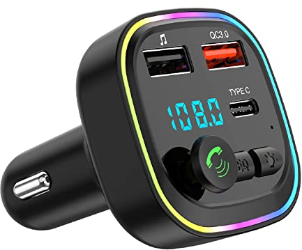 Transmisor Radio FM bluetooth coche, adaptador de manos libres, reproductor mp3, con 2 USB 5V/3A,QC3.0+Tipo C 20W PD Carga Rápida,Soporte Tarjeta TF y Flash USB