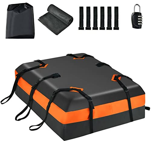 TANGZON 15/21 Cubic Feet Car Roof Bag, Waterproof Rooftop Cargo Carrier Bag with Straps & Non-Slip Mat, Roof Top Luggage Storage Box (15 Cubic Ft/424L with Combination Lock, Black+Orange)