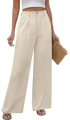 PASUDA Pantalon Femme Été Fluide Pantalons Taille Haute Elastique avec Bouton Pantacourt avec Poches Léger Ample Longueur Droit Pants Chic Décontractée Travail (Beige, XL)
