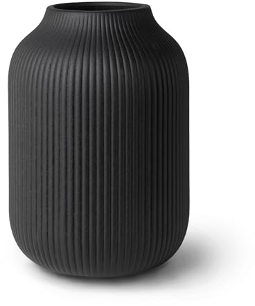 flature Vase en céramique avec rainures - Étanche - Noir mat - Pour fleurs coupées - Herbe de la pampa - Grand vase de 20 cm de haut - Cadeau décoratif pour salon, chambre à coucher, bureau