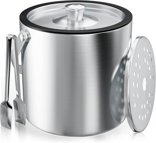 Silicone Lid Stainless Steel Insulated Ice Bucket with Tongs &Strainer, 2L Double Wall ice Bucket, for Home Bar, Restaurant, BBQ, Parties, Clubs