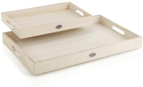 COM-FOUR® Ensemble de Plateaux en Bois 2 pièces - Planches décoratives Vintage, 2 Tailles - Plateaux de Service avec Petite Plaque métallique - Bols décoratifs (02 pièces - Plateau Beige)