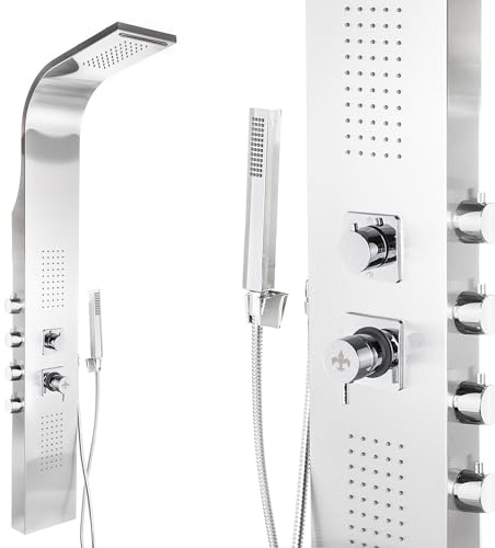 Steinkirch Edelstahl Duschpaneel SK-9304 mit Eckmontage-Set + Thermostat Duscharmatur Regendusche Duschstange mit Duschkopfhalterung Regenduschkopf Dusche mit Körperdüsen Handbrause