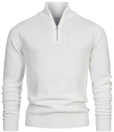 KRONSTADT Herren KSCarlo Half-Zip Feinstrickpullover mit Stehkragen und Reißverschluss | Strickpullover aus Baumwolle Snow White, M