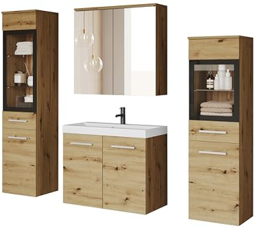 MINIO go for it - Badmöbel Set Marit 2, 4-Teilig Set, mit LED-Belechtung, Wandspiegelschrank, Schrank mit Waschbecken, Farbe: Artisan Eiche